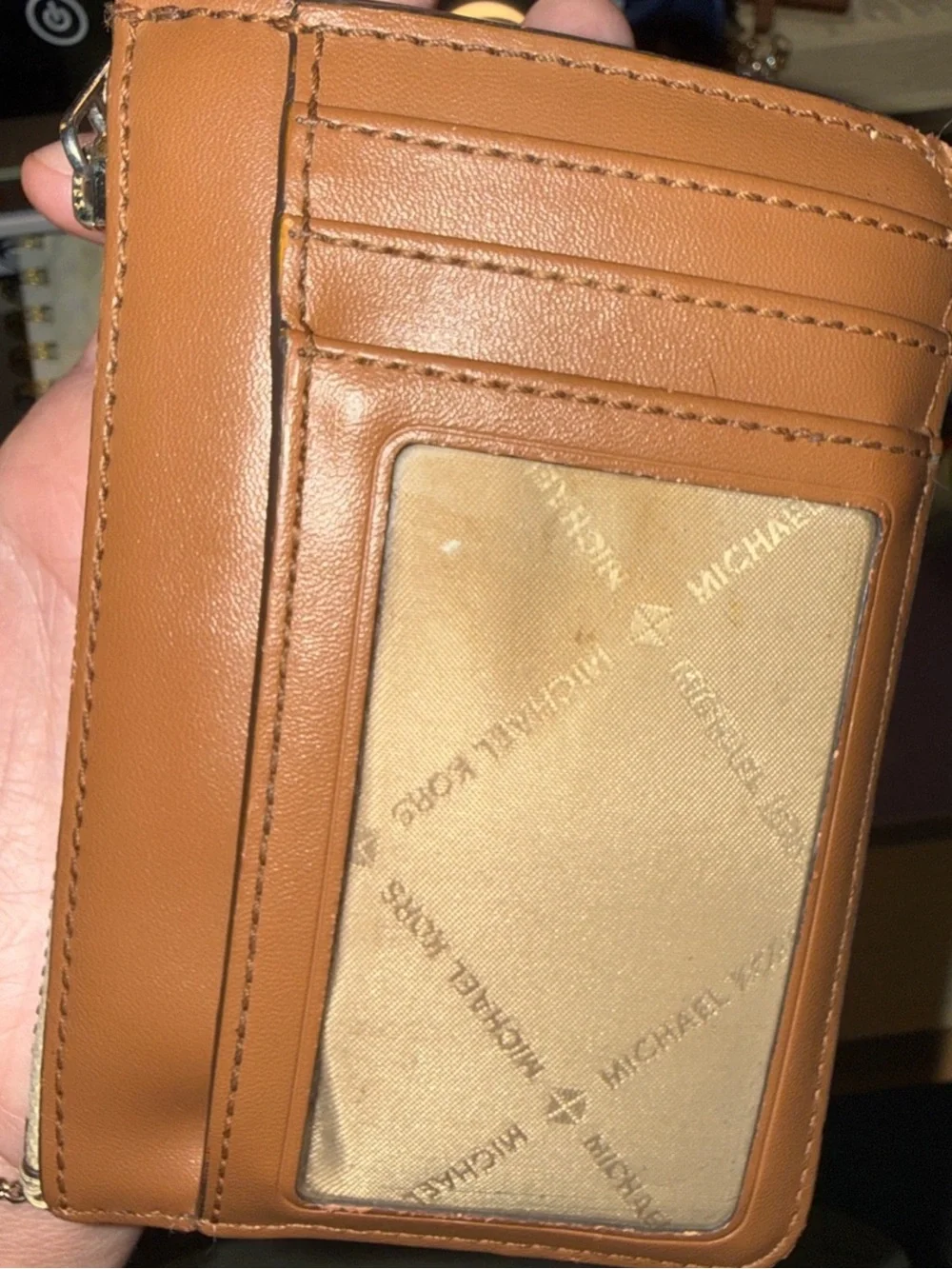 Michael Kors Beige Leather Zip Coin Pouch with Gold Hardware
